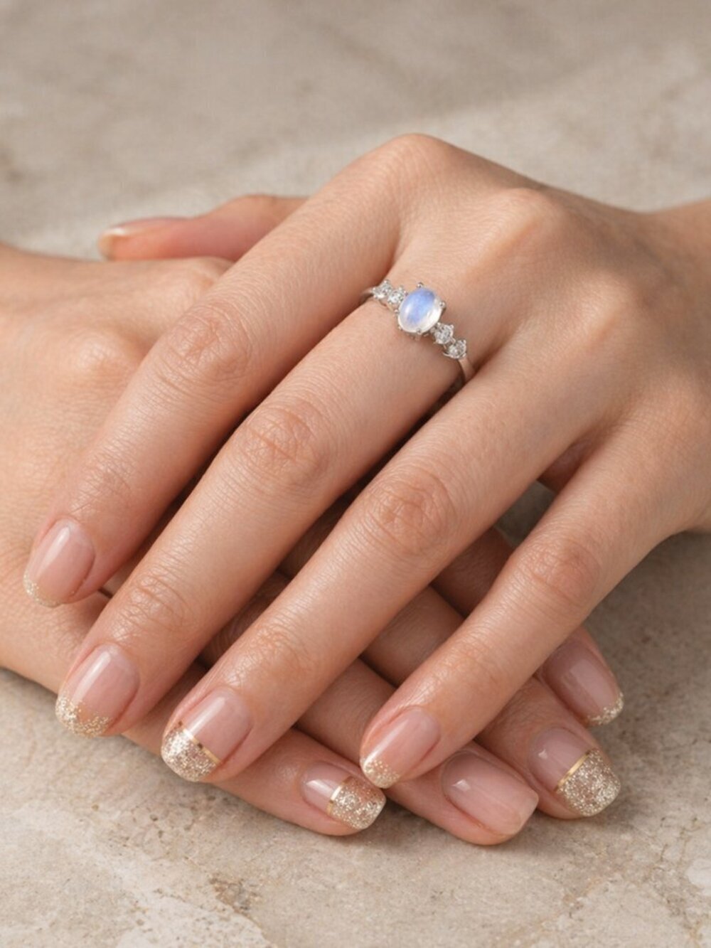 Celestial Dainty 925 Silver Genuine Moonstone CZ Minimalist Ring Size 7 - Picture 7 of 15
